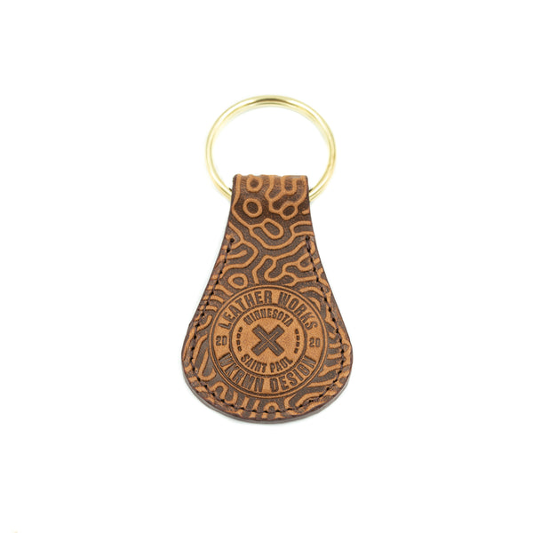 Leather Works MN Tear Drop Key Fob in Saddle Tan with Coral pattern